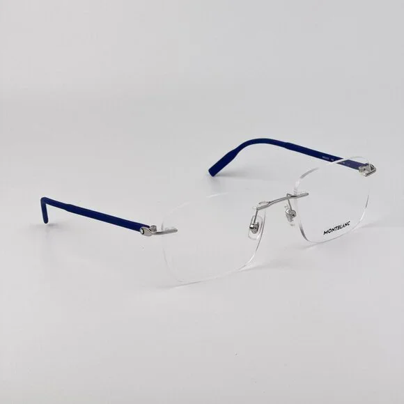 Montblanc Men Eyeglasses Silver Blue Rectangle Rimless FrameModel MB0222O 009